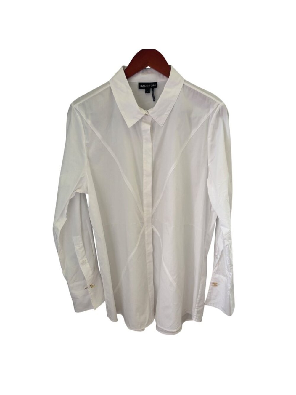 Halston Women White Cotton Star-Seamed Shirt Sz Large Hardware Links Barrel-Cuff